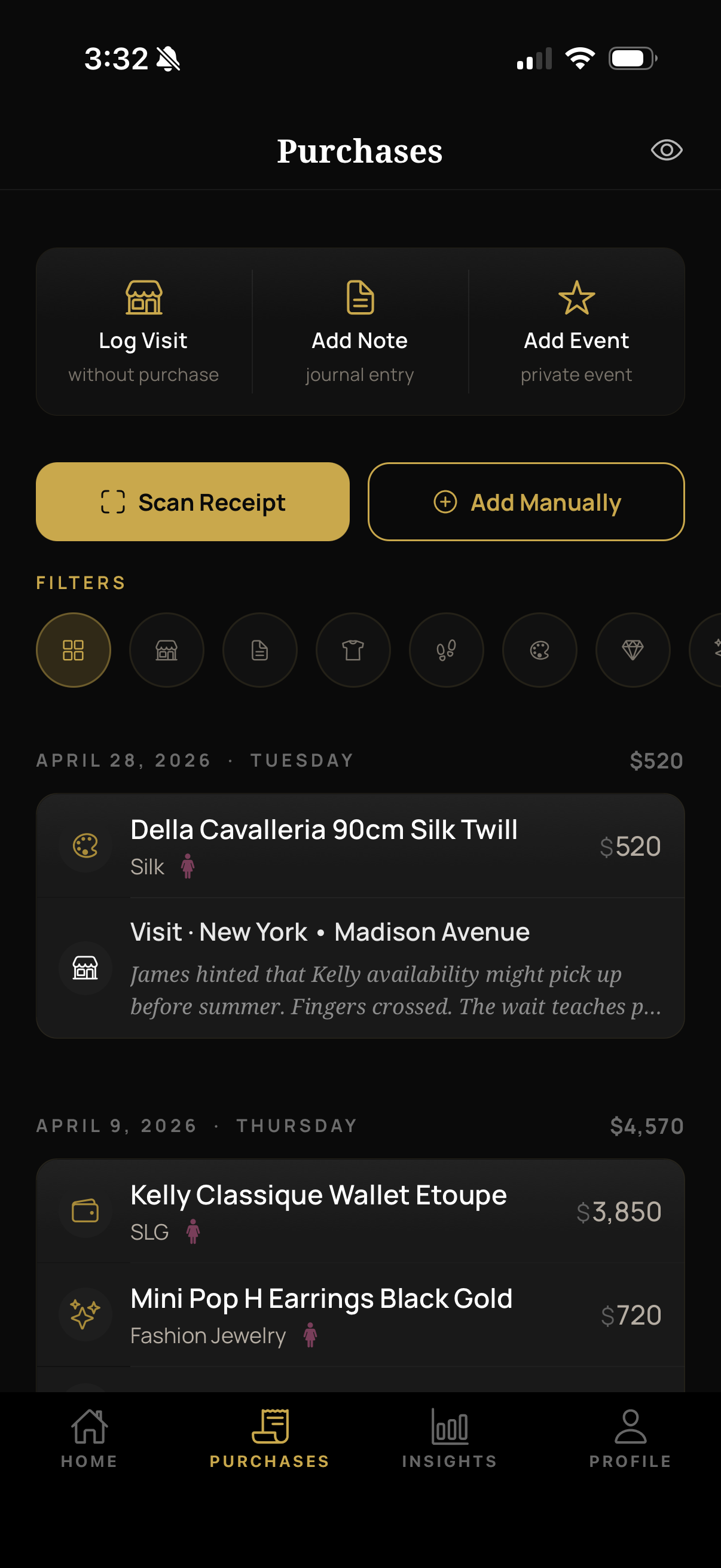 Log your Hermès purchases in seconds with category filters and visit notes